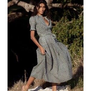 Daughters of India Floral Prairie Midi Dress Sage Green Size XS